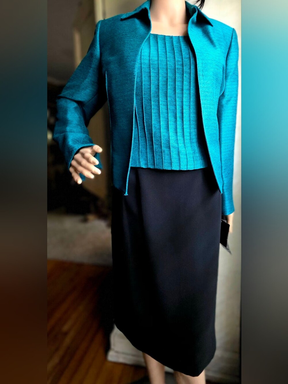 NWT Kasper Petite 6P Teal Black 3PC Skirt Suit Jacket Shell